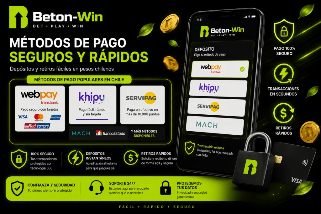 Métodos de pago de Beton Win con depósitos y retiros rápidos mediante Webpay, Khipu, Servipag y otras opciones en Chile.