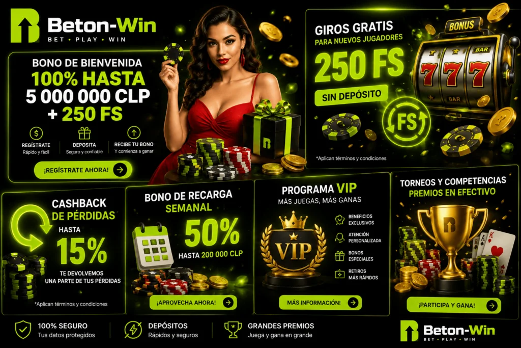 Promociones de Beton Win con bono de bienvenida, giros gratis, cashback, programa VIP y torneos para jugadores en Chile.