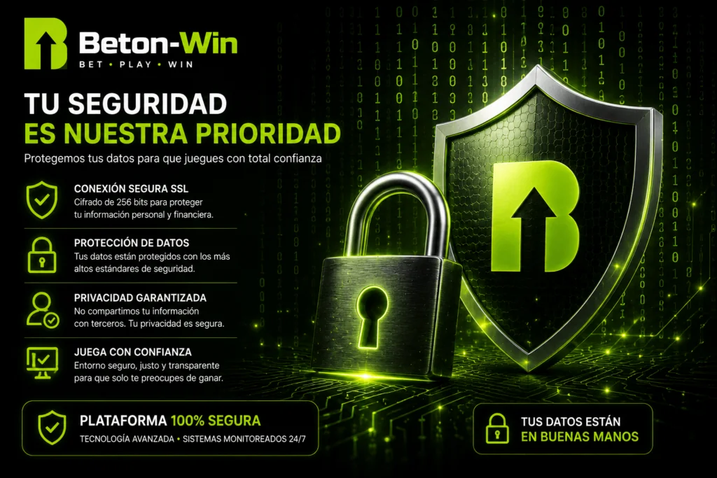 Sistema de seguridad de Beton Win con protección SSL, privacidad de datos y plataforma segura para apuestas online.